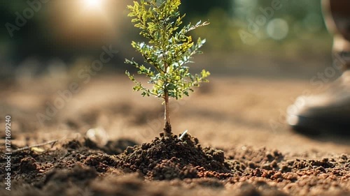 Elderly hands planting a small tree seedling in fertile soil