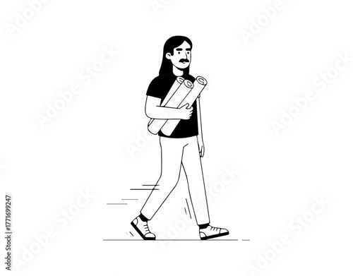 Man walking with project papers in hands, minimalist black and white vector illustration about design and planning Homem caminhando com papéis de projeto nas mãos, ilustração vetorial preto
