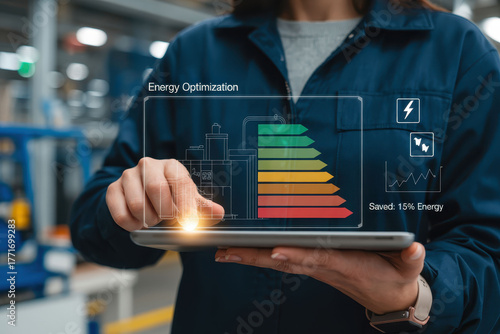 Energy optimization is crucial in modern industries, showcasing female manager using tablet to monitor energy efficiency. digital display highlights energy savings and performance metrics