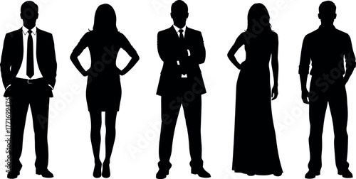 Business team silhouette icons, male and female professionals, formal attire, standing poses, black vector illustration for corporate and design use