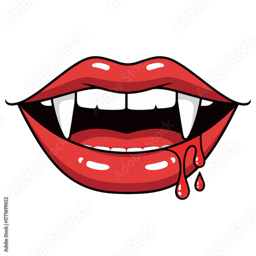Cartoon Red Vampire Lips Illustration with Fangs and Dripping Blood