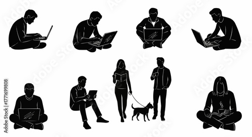 Silhouettes of people engaged in various activities, including working on laptops and walking a dog.