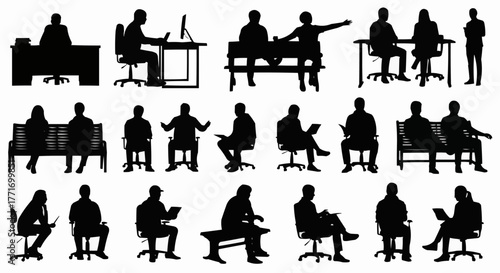 Silhouettes of diverse people in various sitting and standing poses.