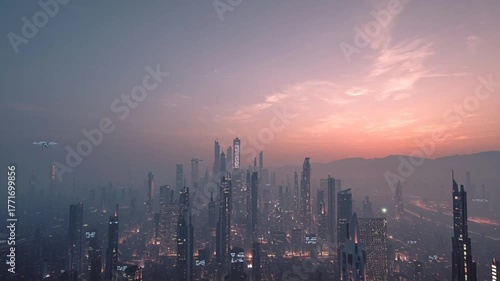 Futuristic drones flying over a hazy city skyline at sunset