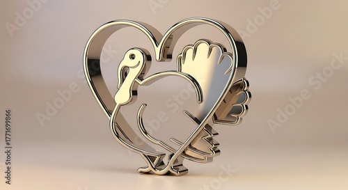 Golden turkey inside a heart shape for thanksgiving holiday celebration and festive autumn season 3d render