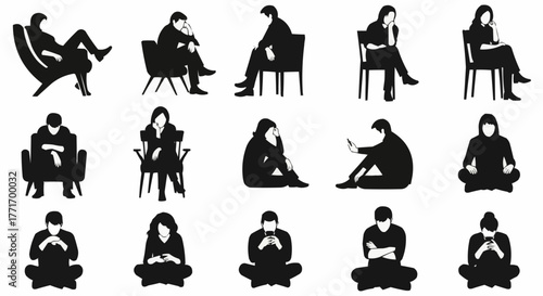 Silhouettes of People in Various Poses of Contemplation and Rest.