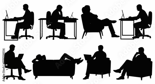 Silhouettes of People Working and Relaxing with Laptops in Various Poses.