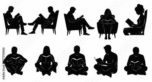 Collection of Silhouettes of People Reading Books in Various Poses.