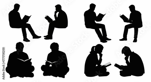 Silhouettes of people reading books in various seated positions.