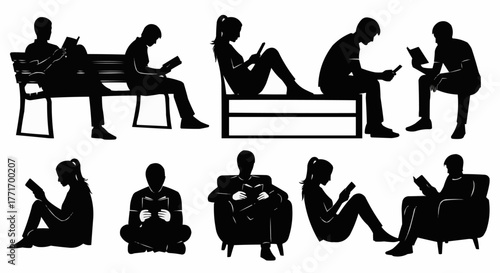 Silhouettes of people reading books and using digital devices in various poses.