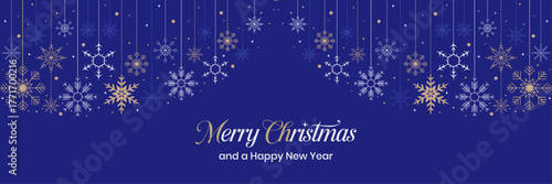 A post card design in Premuim Christmas snow flakes, gold snow flakes on blue background. Elegant snow with A Merry Christmas and Happy New Year text for greeting card vector