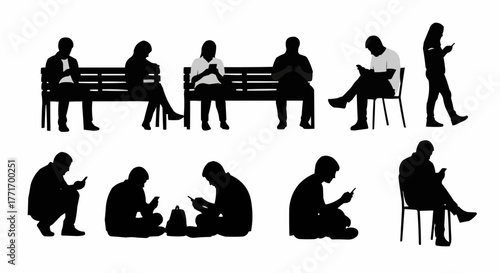 Set of black silhouettes of people looking at their smartphones.