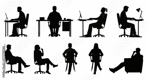 Silhouettes of people sitting and working at desks, various poses.