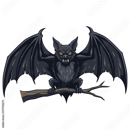 Fierce cartoon bat mascot with wings open on a brown branch