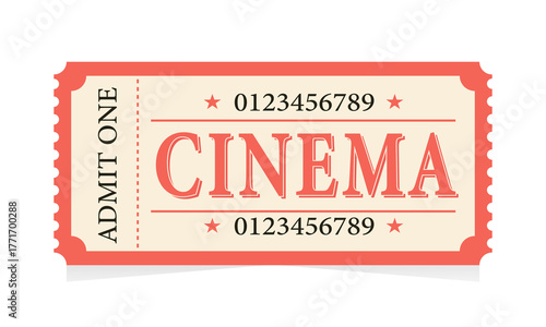 Vintage cinema ticket isolated on white background, featuring a classic design and typography