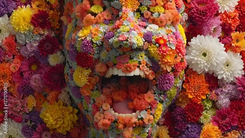 Face sculpted from a vibrant mosaic of colorful blooming flowers