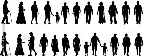 Human life cycle silhouette icons, aging progression from child to elderly, black vector illustration for education, design, and stock use