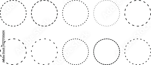 circle Dashed line frame. Dotted dashed outline frames collection. Circular borders  frame dash line