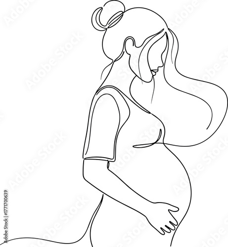 Minimalist pregnancy line art, pregnant figure in profile, hand on belly, bun hairstyle, maternal design, black illustration, motherhood concept