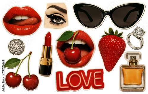 PNG 70s retro fashion collage with red lips sunglasses cherry strawberry lipstick and perfume on transparent background.  PNG sticker clip art cut out isolated on transparent background.