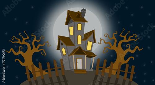 Haunted House under Moon: A spooky cartoon house stands silhouetted against a night sky, a full moon casting an eerie glow over the scene.