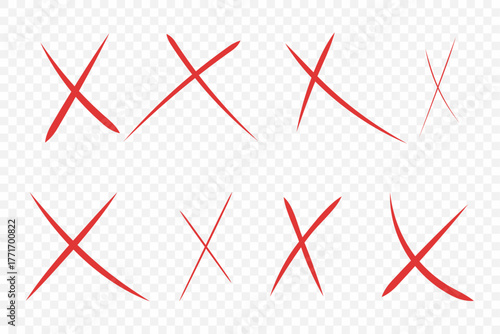 Red X marks, set of eight crossed marks illustration on transparent background 