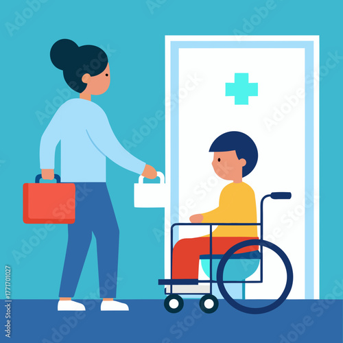 Nurse assisting child in wheelchair entering hospital room isolated on white background