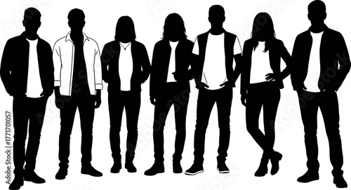 Seven silhouette figures, casual clothing, varied postures, black illustration, unity, anonymity, diversity, minimal design, standing people, identity concept, white background