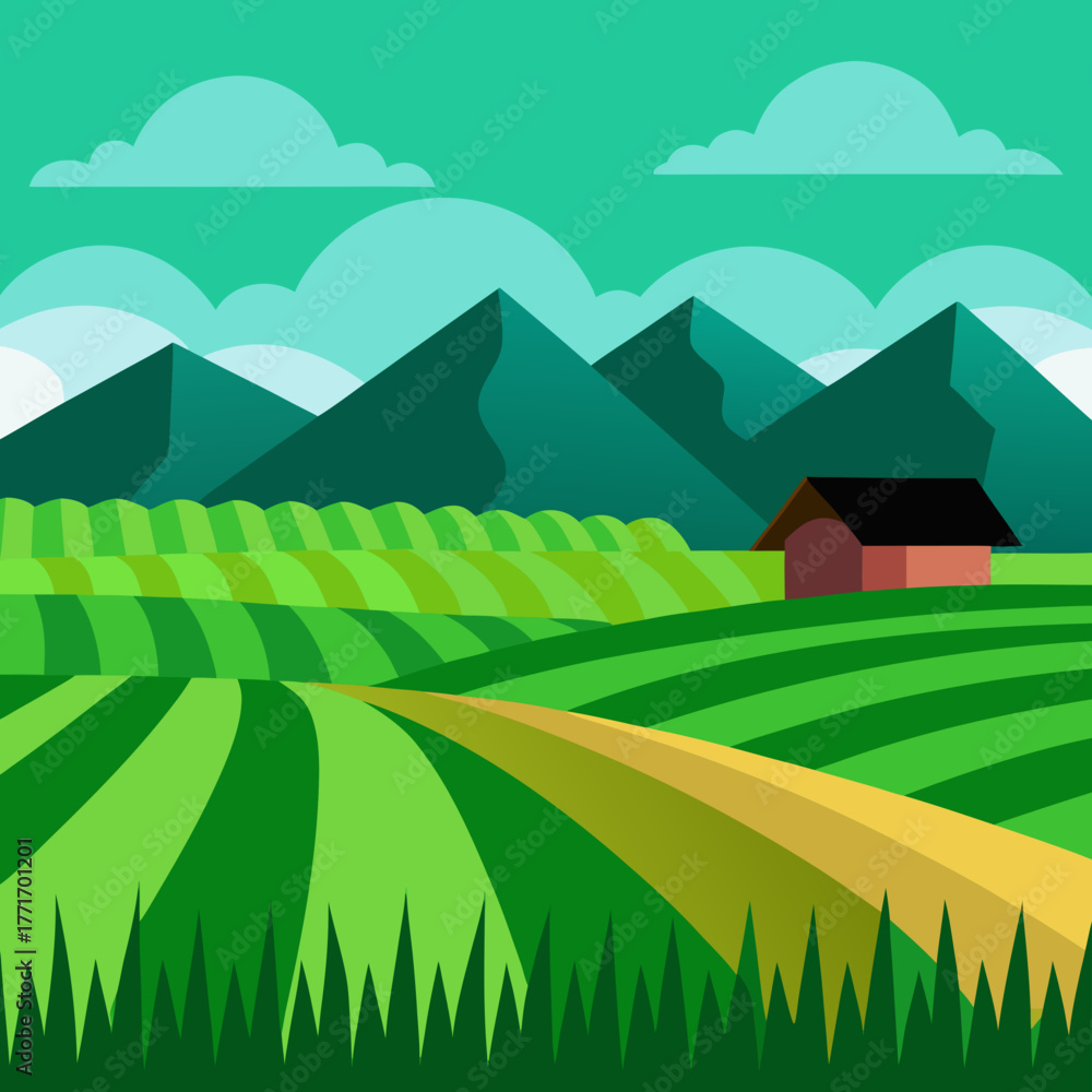 Fototapeta premium Stylized green farm landscape with mountains and barn isolated on white background