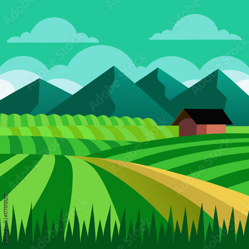 Stylized green farm landscape with mountains and barn isolated on white background
