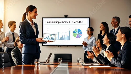 A businesswoman presents impressive data at a corporate meeting, showcasing significant growth metrics on a screen while her team applauds in a modern conference room.