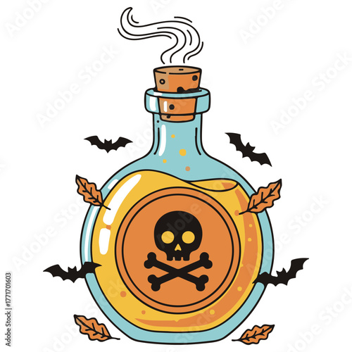 Spooky Halloween Potion Bottle Cartoon with Skull, Bats, and Autumn Leaves