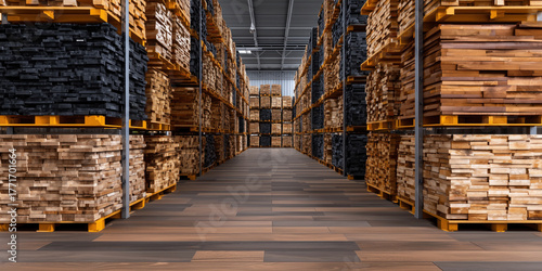Warehouse storing stacks of treated lumber on pallets