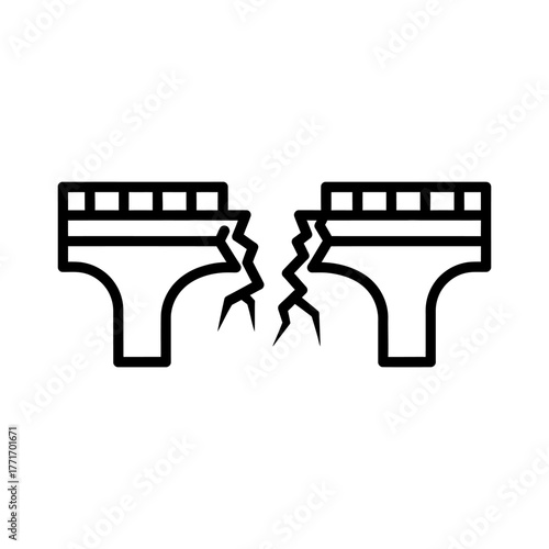 Black Outline Icon of a Broken Bridge with a Central Gap