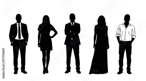 Silhouette icons of diverse individuals, formal and casual attire, standing poses, black vector illustration for fashion, business, and design use