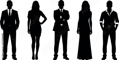 Silhouette icons of diverse individuals, formal and casual clothing, standing poses, black vector illustration for fashion, business, and design use
