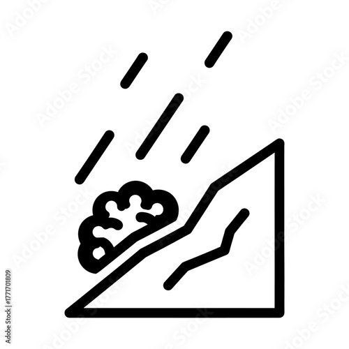 Line Icon of Landslide with Rain on Mountain Slope