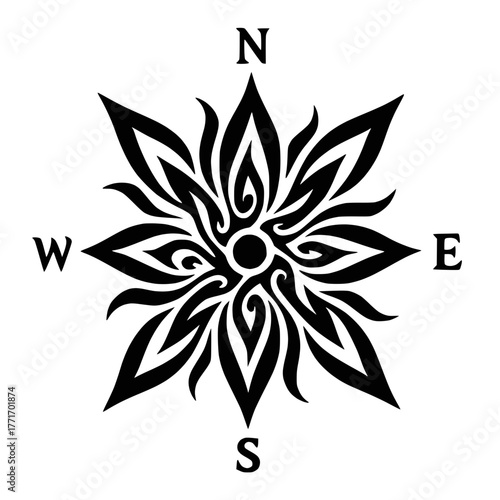 Tribal Flower Compass Rose Silhouette with Petal Arrows on White Background