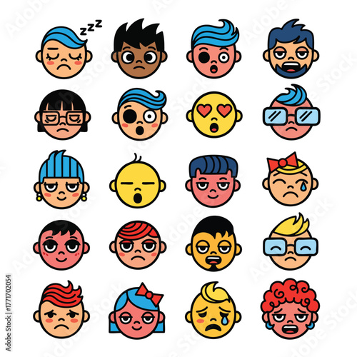 A diverse collection of colorful cartoon avatar faces with unique hairstyles accessories and a wide range of emotional expressions.
