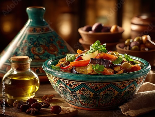 A diverse North African roasted vegetables medley in a large ceramic bowl with geometric floral patterns, featuring carrots, eggplants, zucchini, bell peppers, and olives, garnished with parsley