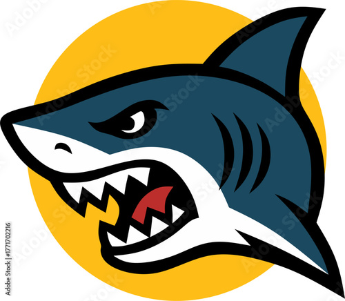 Aggressive Shark Cartoon Icon on Yellow Circle Vector Illustration of a Fierce Predator, Ready to Attack