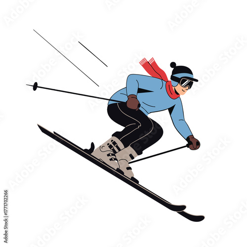 A dynamic illustration of a skier in a blue jacket and red scarf captured in a fast downhill descent.