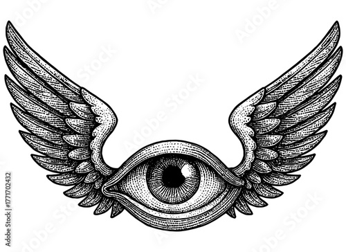 Winged Eye Engraving, Vintage Esoteric Illustration of All Seeing Eye with Wings, Detailed Black and White Etching Isolated on Transparent Background