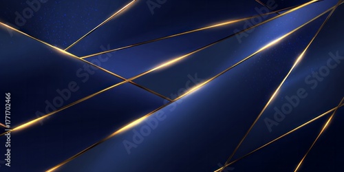 Dark blue abstract background features intersecting geometric shapes delineated by glowing golden lines.