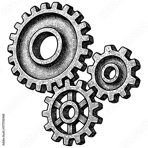 Gears Engraving, Vintage Line Art of Mechanical Cogs, Detailed Black and White Etching Illustration Isolated on Transparent Background