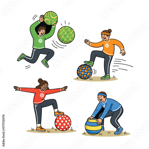 A set of diverse cartoon characters joyfully playing and balancing with large colorful patterned balls.