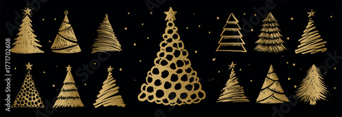 Christmas gold tree on black hand drawn illustrations.	
