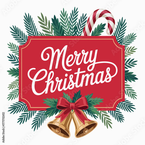 Festive Christmas Greeting Card Design with Elegant Lettering and Seasonal Elements Featuring Jingle Bells Candy Cane and Greenery perfect for holiday promotions