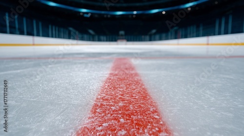 Textured ice hockey rink surface presents a vibrant red line cutting through smooth ice. The close-up shot emphasizes the precision and artistry of the rink, inviting a sense of anticipation