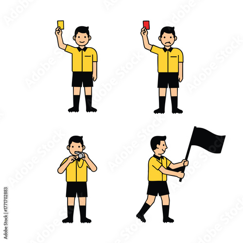 Cartoon football referee character set in yellow uniform showing red and yellow cards blowing a whistle and holding a flag.